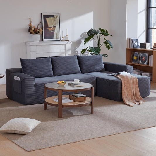 New 96.9'Compressible doubleCloud Sectional Couch with L-Shape Chaise,Modern Modular Sofa with Deep Seat,Upholstered Couches for Living Room Bedroom,No Assembly Required, Corduroy Fabric,Grey Right