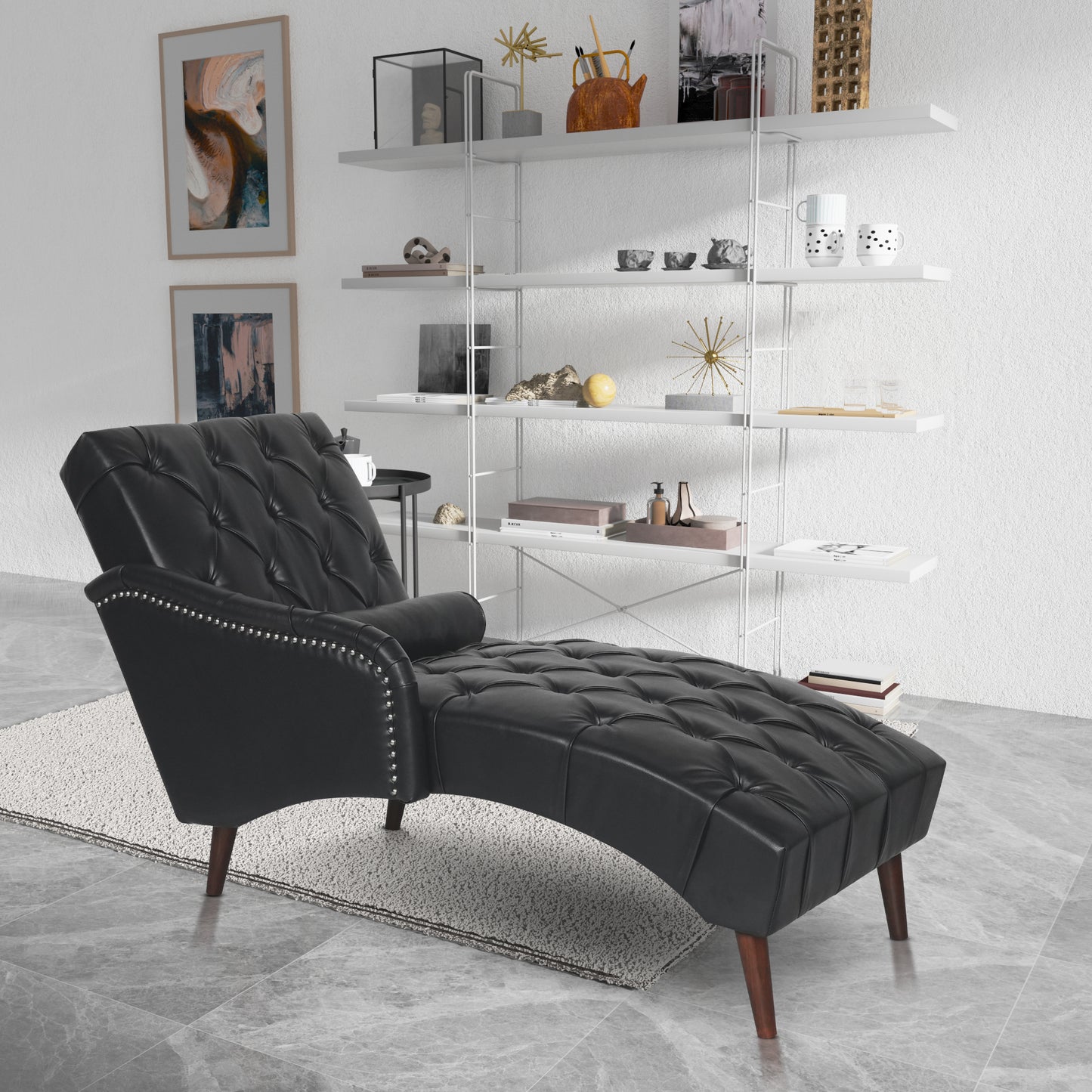 Chaise Lounge Arm Chair Indoor with Pillow and Solid Wood Legs, Leisure Accent Soft Chair with Tufted Back and Arm,Upholstered Chaise Couch Chair for Living Room, Bedroom,Black PU