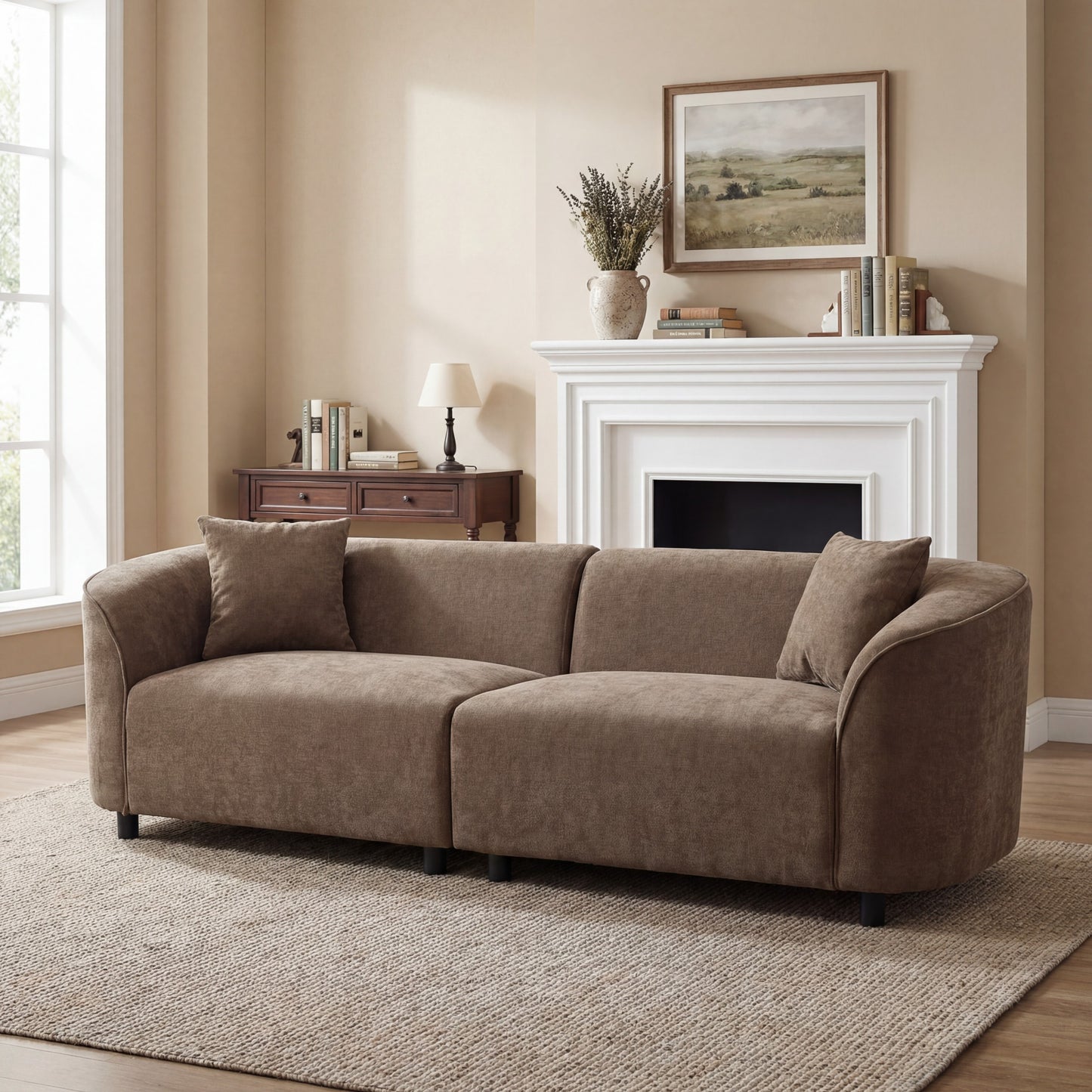 87' Curved Contemporary Sofa in Brown: Plush Seating, Streamlined Design, and Durable Frame – Ideal for Stylish Living Spaces