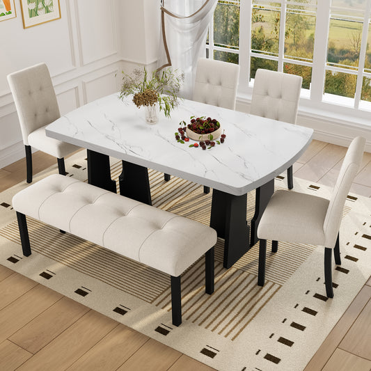 6 Piece Modern Dining Table Set, 63' Faux Marble Dining Table with Geometric Legs & 4 Upholstered Chairs & 1 Bench, Suitable for Dining Kitchen Room,Easy to Assemble, Beige + White