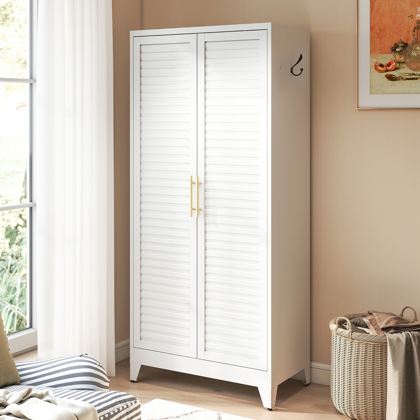 White Metal Wardrobe Closet with 2 Doors, 71″ Tall Portable Storage Cabinet for Bedroom, Lightweight Closet for Small Apartments, Dorm, Renters, Cold Rolled Steel, Easy Assembly
