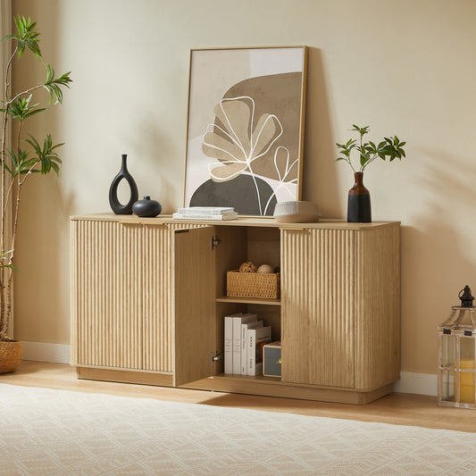 63' Vertical Stripe Buffet Cabinet Sideboard with stoarge, Curved wave Design, TV Stand, for Bedroom, Living Room, Hallway, Oak,63''W x 15.75''D x 31.5''H.