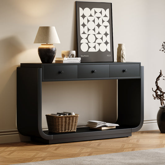 Classic-Style Console Table, 3 Storage Drawers, Display Shelf, Curved Legs, Painted Finish, Entryway/Hallway/Living Room, Black