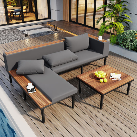 <Old SKU: N704G201251E> Luxury Patio Furniture Set with Removable Cushions and Coffee Table, L-Shaped  Acacia Wood Sofa with Side table, Outdoor Conversation Sectional Sofa  for Backyard, Porch, Gray