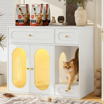 Cat Litter Box Enclosure with LED Light, Hidden Litter Box Furniture with Storage Drawers,Fit Most of Litter Box, Indoor Pet House with Acrylic Doors, End Table for Living Room, White