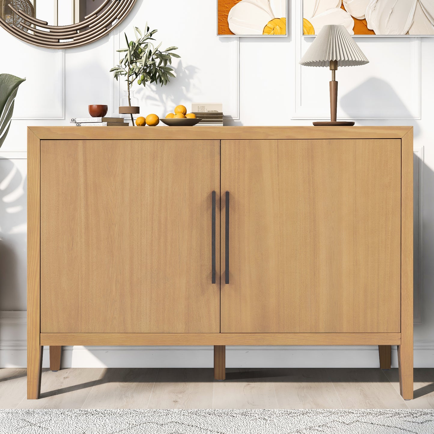 U_STYLE 47.25-Inch Farmhouse Sideboard with Pine Veneer and 2 Doors, Retro Buffet with Adjustable Feet, Minimalist Wooden Storage Cabinet with Metal Handles for Living Room, Kitchen