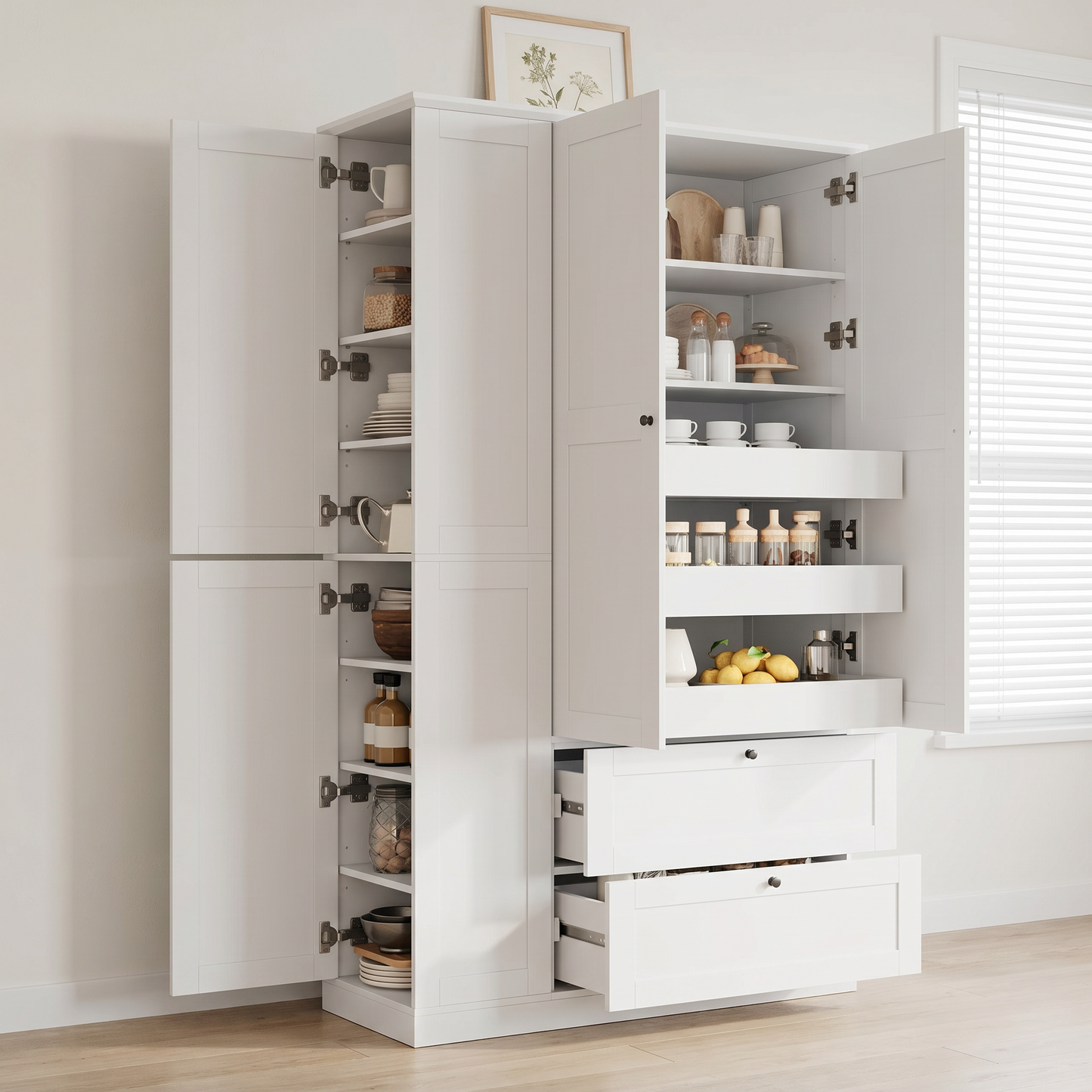 TOPMAX 73.6' Tall Farmhouse Kitchen Pantry Cabinet with 8 Shelves, 2 Drawers, 3 Pull-Out Trays, 4 Doors and Side Cabinets for Kitchen & Dining Room, White