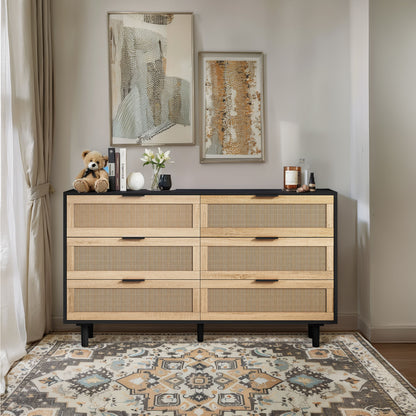 51.18'6-Drawers Rattan Storage Cabinet Rattan Drawer,for Bedroom,Living Room,Black (Same SKU:W757112779)