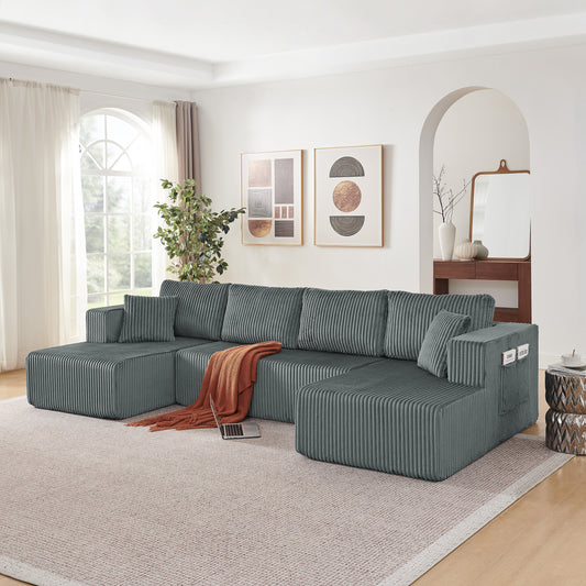 132' U Shaped Modular Sectional Sofa, Comfy Compressed Cloud Couch with Side Pockets, Modern Minimalist Corduroy Memory Foam Sleeper Sofa for Living Room, No Assembly Required,Dark Grey
