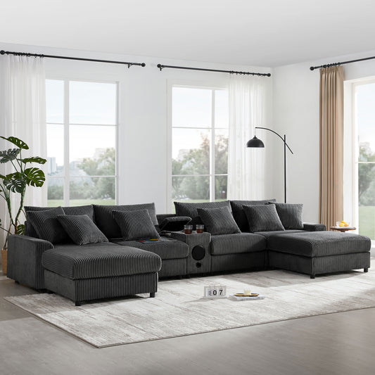 [VIDEO]141.5*64'' Corduroy Sectional Sofa with Bluetooth Speakers, U-Shaped Couch with Console, USB Charger, Cup Holders, Storage, Ottoman, Deep and Wide Seat Cloud Sofa for Living Room&Apartment
