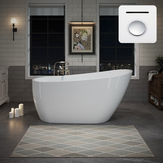 60' Acrylic Freestanding Bathtub, Deep Soaking Contemporary Stand Alone Bath Tub with Pop-up Drain & Integrated Overflow, Chrome-Finish Drain Cover, Glossy White GF-26A04-60
