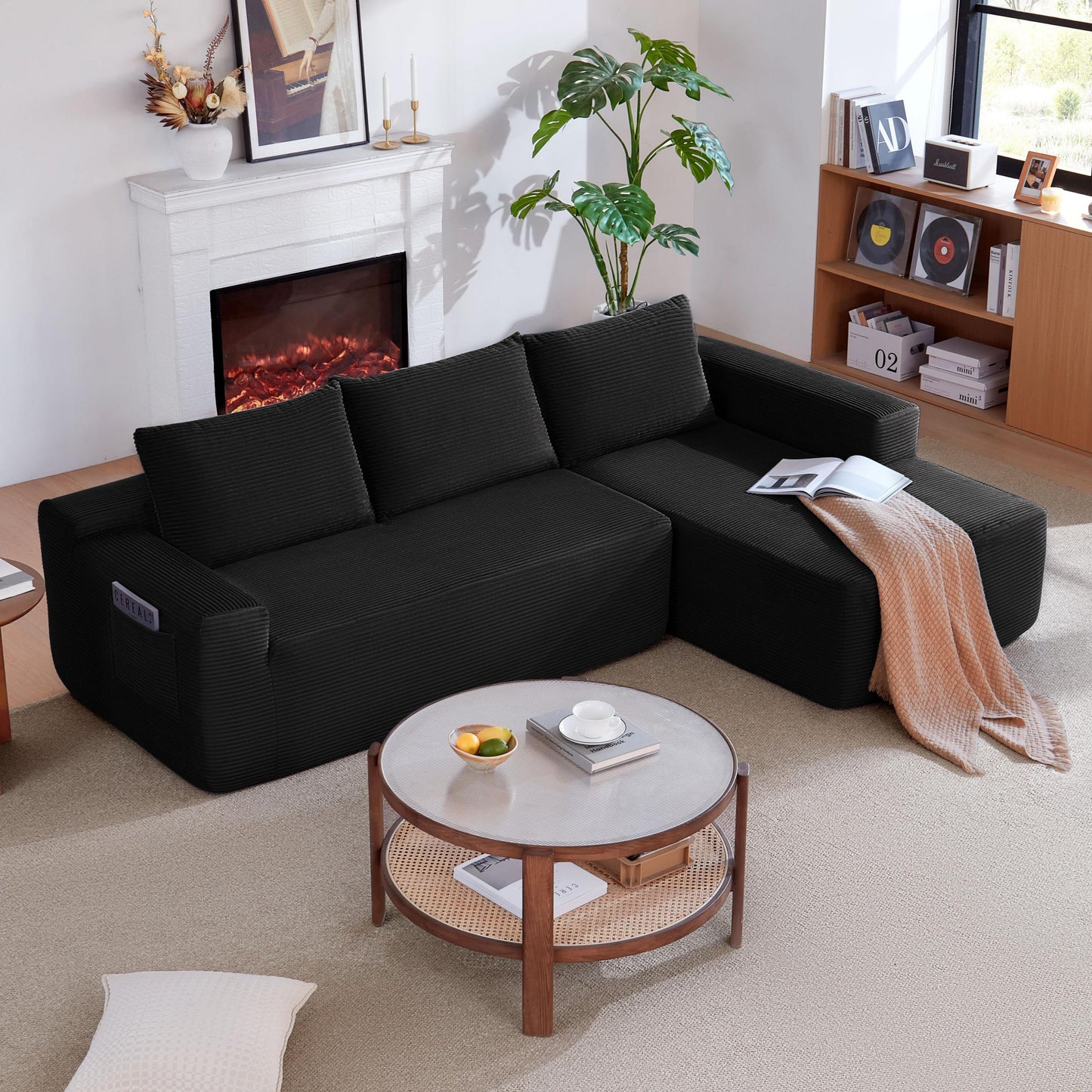 104' Cloud Sectional Sofa with L-Shape Chaise and Side Pockets , Modern Modular Design, with side pockets, Upholstered Couch for Living Room/Bedroom, No Assembly Required (CorduroyFabric),Black, Right