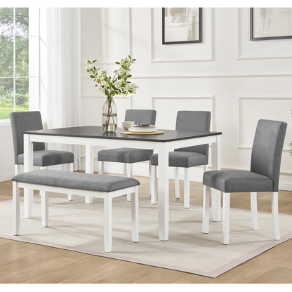 6-Piece Dining Table Set with Bench and Chairs, Dining Table Set for 6 with Bench, Wooden Dining Table Set for Kitchen, Dining Room, Grey & White Two Tone