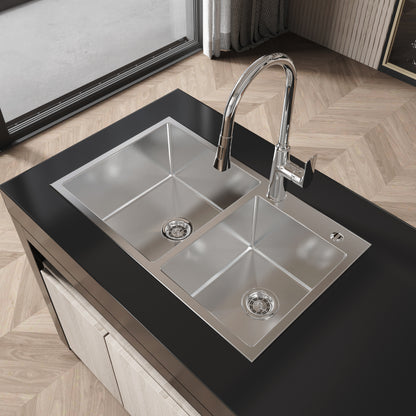Stainless Steel Kitchen Sink, 32″x19″ Double Bowl in Brushed Nickel, Overmount Handmade Sink, with US Standard Drain and Hook, LS-SSBR03