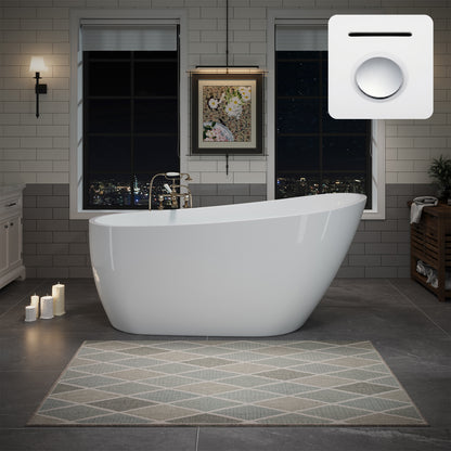 63' Acrylic Freestanding Bathtub, Deep Soaking Contemporary Stand Alone Bath Tub with Pop-up Drain & Integrated Overflow, Chrome-Finish Drain Cover, Glossy White GF-26A04-63
