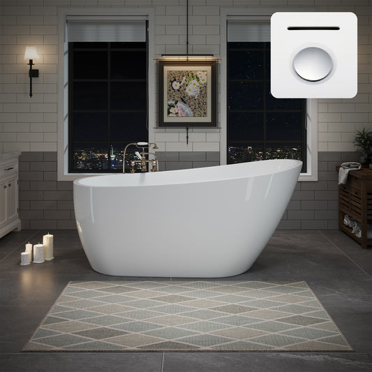 63' Acrylic Freestanding Bathtub, Deep Soaking Contemporary Stand Alone Bath Tub with Pop-up Drain & Integrated Overflow, Chrome-Finish Drain Cover, Glossy White GF-26A04-63