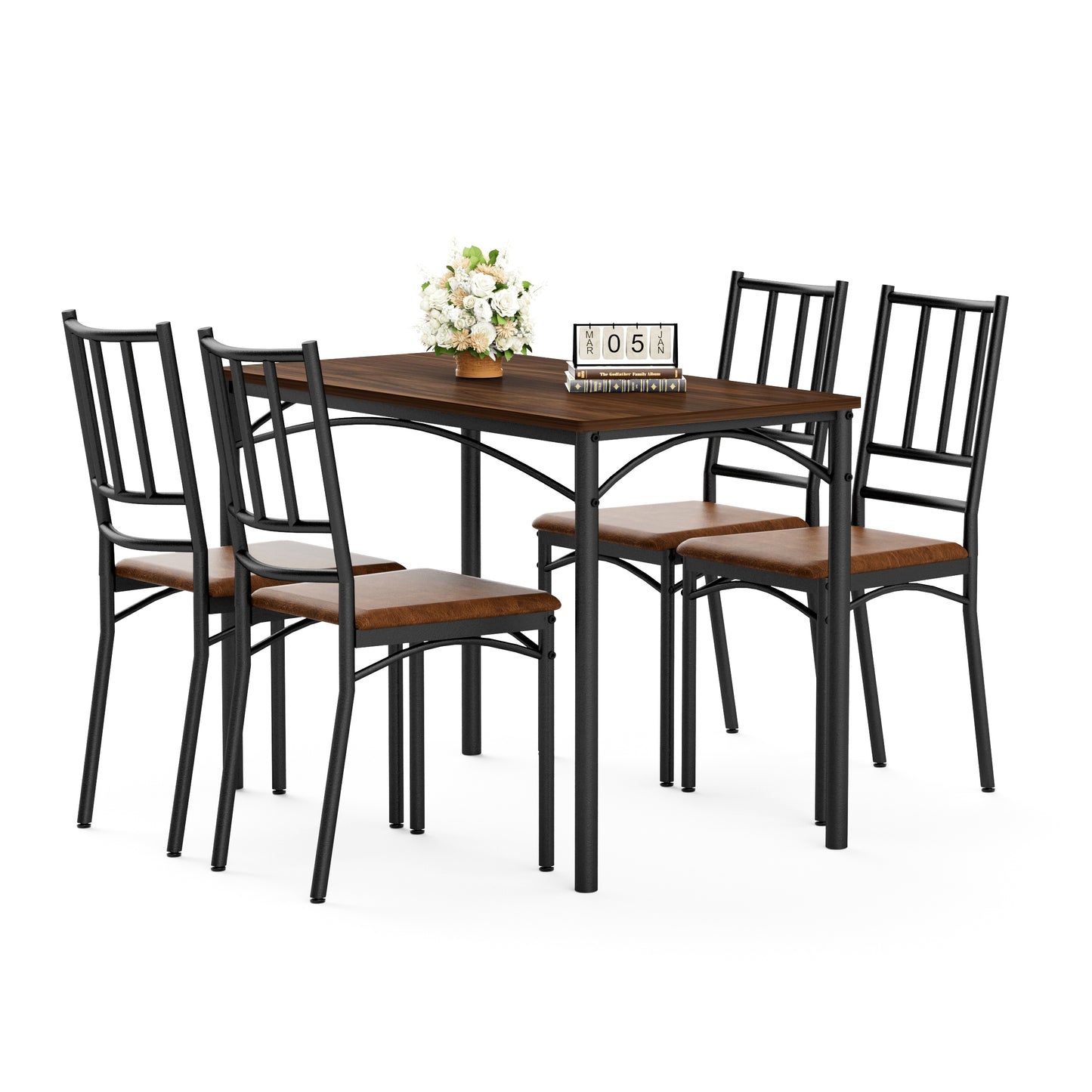 Dining Table Set, Bar Table with 4 Dining Benches, Kitchen Table Counter with Chairs, Industrial for Kitchen Breakfast Table, Living Room, Party Room, Walnut, 43.3″L x23.6″W x 30.1″H