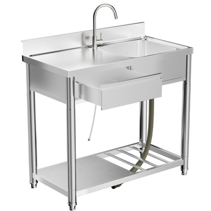 Stainless Steel Outdoor Utility Sink with Workbench & Storage Shelf, Freestanding Prep Table with Left Drawer, 39' Garden Patio Sink Station with 360° Hot & Cold Water Faucet in Silver