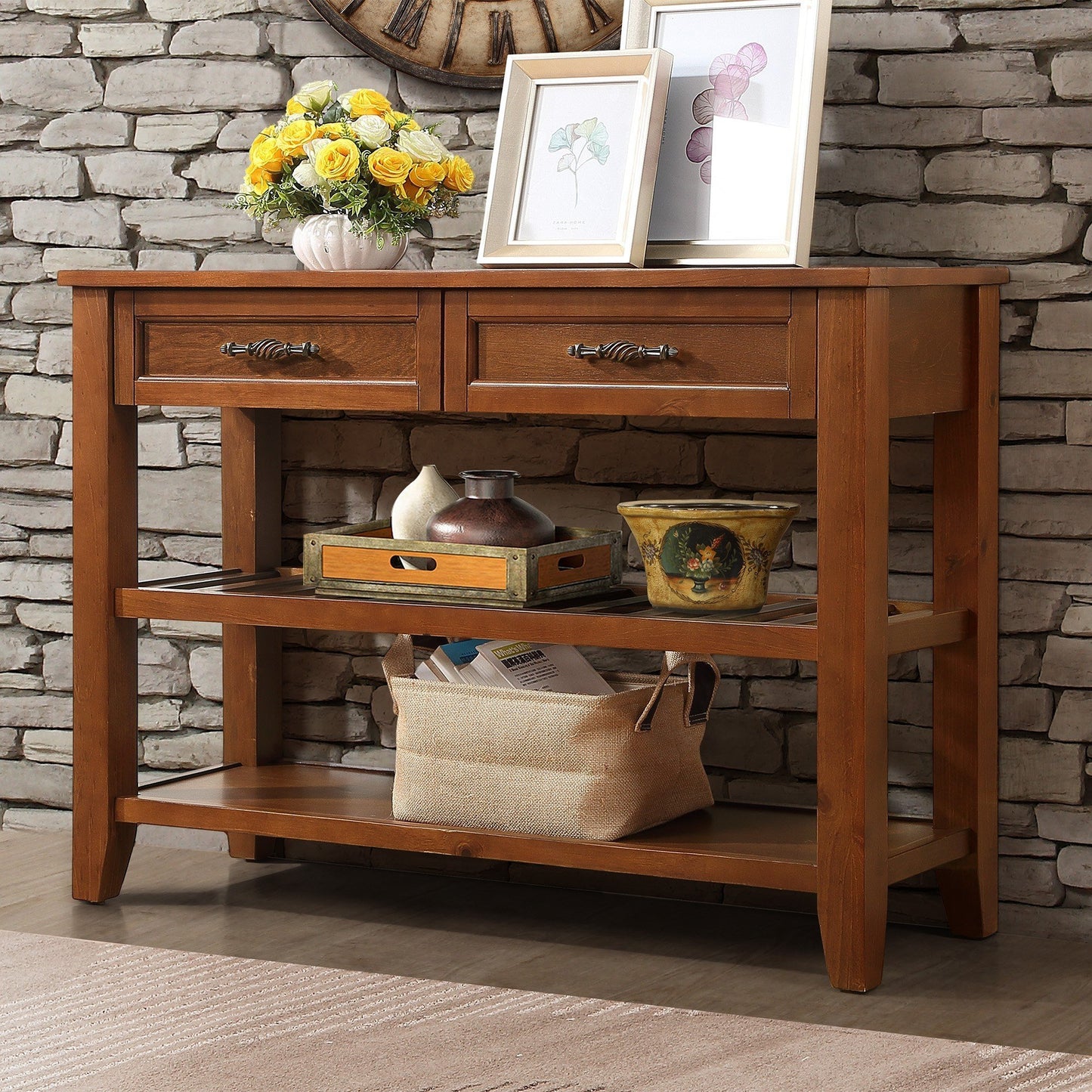 Console Sofa Table with 2 Storage Drawers and 2 Tiers Shelves, Mid-Century Style 42'' Solid Wood Buffet Sideboard for Living Room Furniture Kitchen Dining Room Entryway Hallway,  Brown(W120284579)