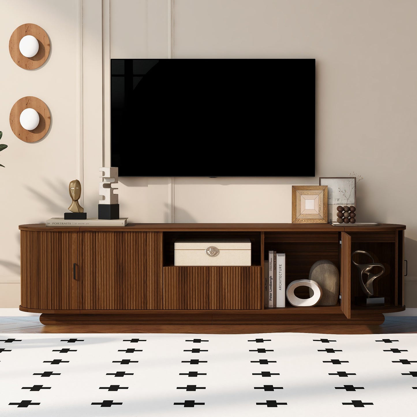 U-Can TV Stand with Open Shelf, Drawer, Cabinets, Hidden Sliding Storage, Rounded Corners, Waterproof,  Fits 70'-75' TVs
