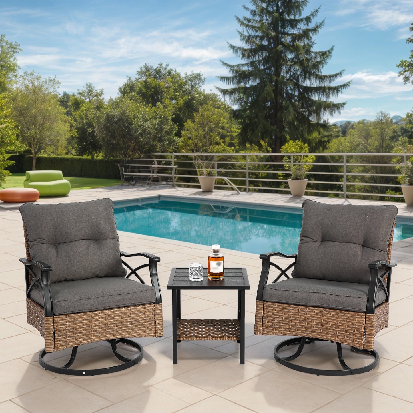 Outdoor Swivel Chairs Set 3 Piece with 1 Table and 2 Swivel Chairs Support 350lbs Brown Wicker Outdoor Furniture Patio Conversation Set