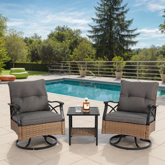 Outdoor Swivel Chairs Set 3 Piece with 1 Table and 2 Swivel Chairs Support 350lbs Brown Wicker Outdoor Furniture Patio Conversation Set