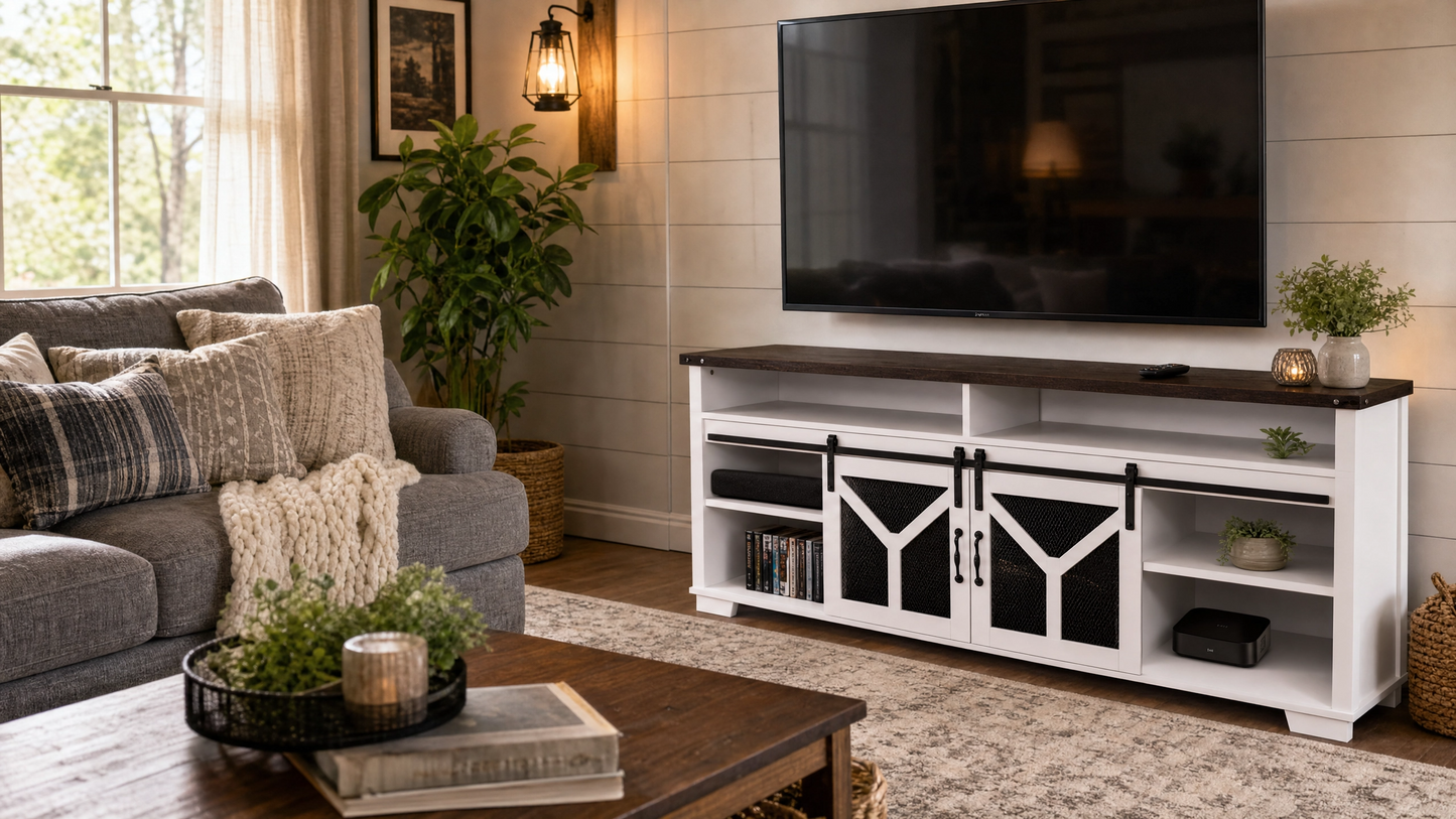 65.3' TV Stand with LED light strips and Iron mesh barn door Y decorative strip white + Black walnut color (top) farmhouse