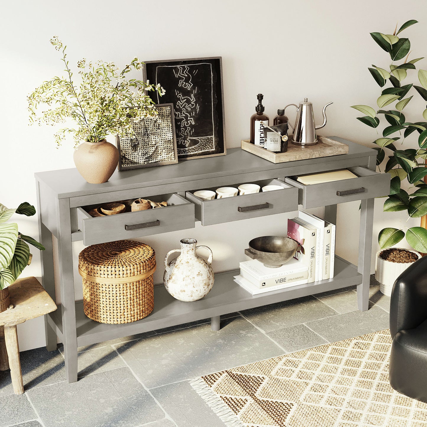 U_STYLE 59.1'' Farmhouse Entryway Table with 3 Drawers, Painted Console Table with Bottom Shelf & Iron Handles, Minimalist Sofa Table for Living Room, Hallway, Kitchen, Bedroom, Office