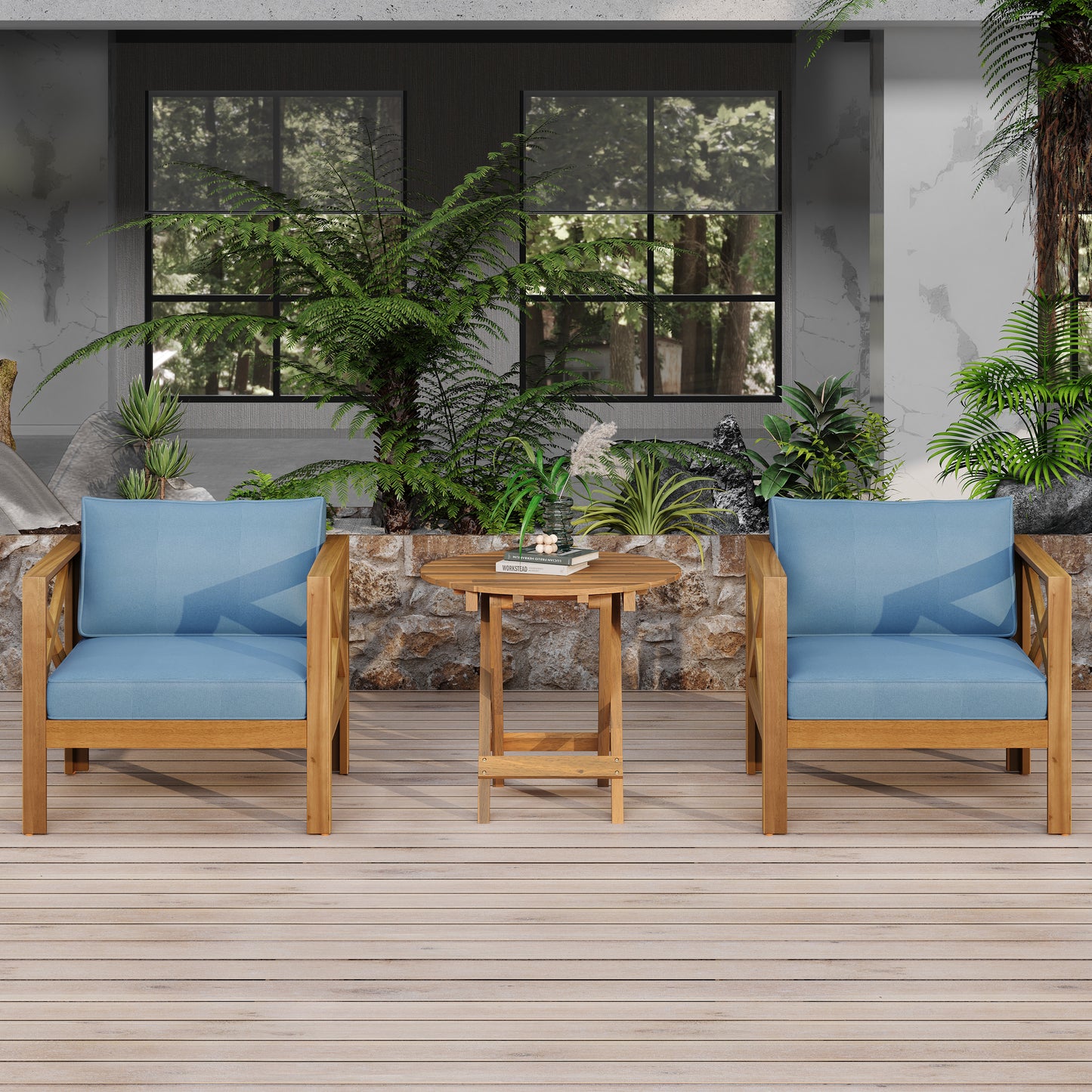 Patio Conversation Set, Outdoor Wood Conversation Seat(Set of 2),Armchair with Cushions,Foldable Acacia Wood Side Table,Teak Finish,Blue cushion