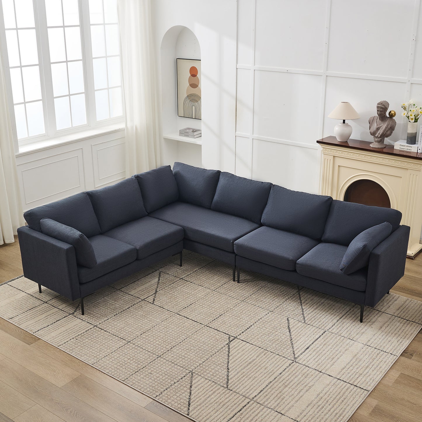 106' W Sectional L Shaped Sofa Couch Set for Living Room, Convertible Oversized 6-Seat Corner Sofa Sets with 2 Pillows, Modern Linen Sofas with Metal Legs for Living Room Apartment