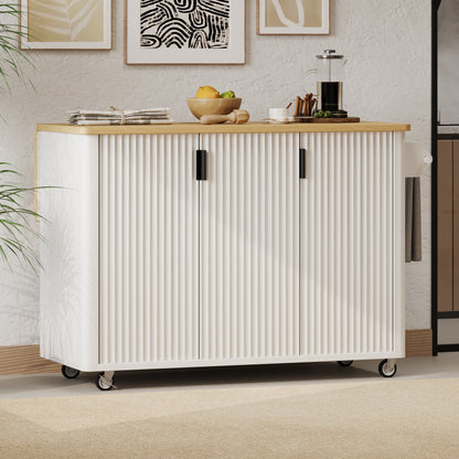 K&K 51' Fluted Kitchen Island with Drop Leaf, Farmhouse Accent Kitchen Island on Wheels with Internal Storage Rack, Rolling Kitchen Cart with Towel Rack for Kitchen, Dining Room, White Ash