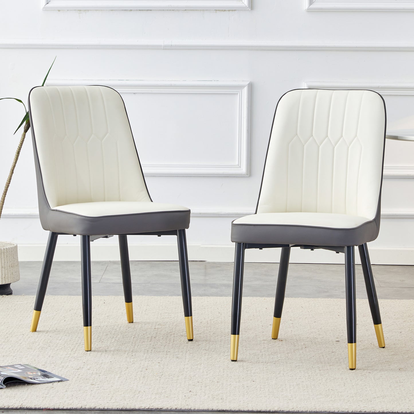 A modern dining chair with a white dark gray dual tone PU leather backrest and black metal legs, suitable for kitchens, bedrooms, and offices. A set of 2 pieces (white+dark gray+PU)C-007
