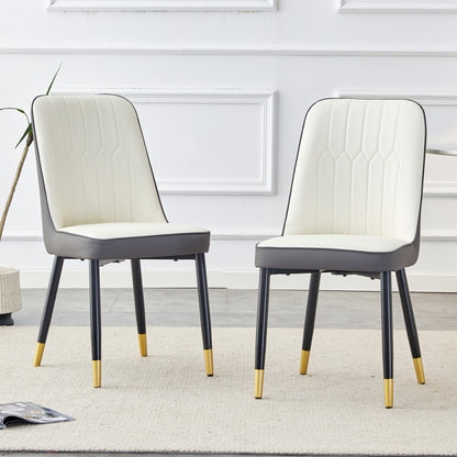 A modern dining chair with a white dark gray dual tone PU leather backrest and black metal legs, suitable for kitchens, bedrooms, and offices. A set of 2 pieces (white+dark gray+PU)C-007