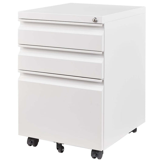 White Mobile 3-Drawer File Cabinet with Lock, Metal Organizer for Home Office, Fully Assembled