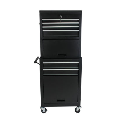 6-Drawer Lockable Tool Cabinet on Wheels – Black Steel Rolling Tool Chest with Detachable Toolbox – 2-in-1 Garage Workshop Storage Organizer with 4 Universal Casters