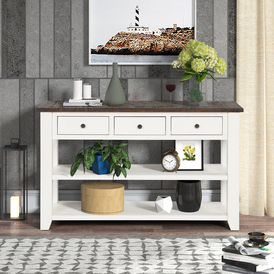 48'' Solid Pine Wood Top Console Table, Modern Entryway Sofa Side Table with 3 Storage Drawers and 2 Shelves. Easy to Assemble (Antique White + Brown Top)(Old SKU:W120246668)