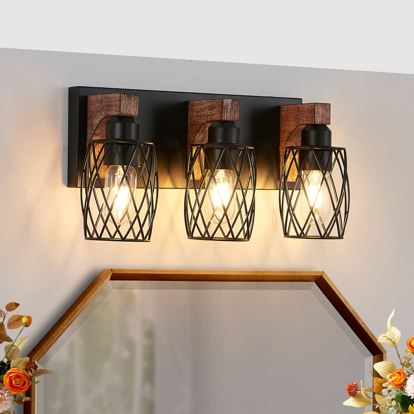 18' Industrial Vintage 3-Light Wall Sconce - Black Cage Wall Lighting Fixture with Wooden Accents for Bathroom, Hallway, or Living Room (Bulb Not Included)