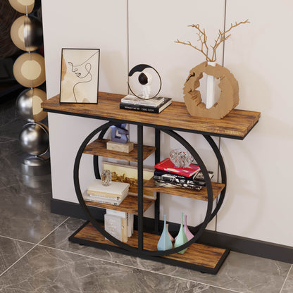 41.3 Inch Industrial Console Table for Entryway, Narrow Sofa Table with Storage Shelves & Circle Base, Rustic Brown Accent Furniture for Hallway, Foyer, Entrance, Living Room