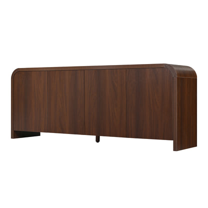 Farmhouse Curved Edge TV Stand with Large Cabinets for TVs up to 70', Minimalist Wood Grain Media Console with Cable Management, Mid Century TV Cabinet with Adjustable Shelves for Living Room, Walnut