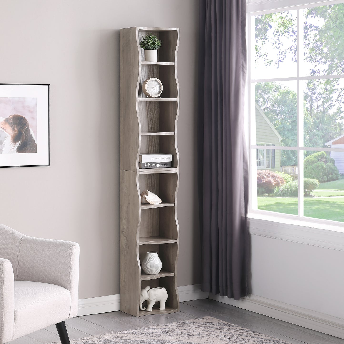 8-layer adjustable shelf ultra-thin bookshelf with a wavy border design, which is more aesthetically pleasing, is suitable for high and narrow, display and multi-functional bookshelves in home offices