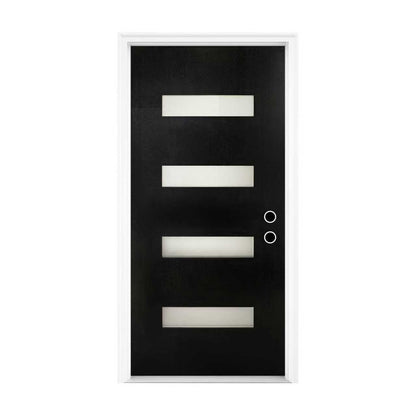 36 x 80 Fiberglass Entry Door with Brickmould, Frosted Glass, Black Finishe Knock-Down Fiberglass Door - Contemporary Style for Home's Front Entrance, Left Hand Inswing with 4-9/16 White Vinyl Frame