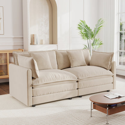 Modern Fabric Loveseat Sofa Couch for Living Room, Upholstered Large Size Deep Seat 2-Seat Sofa with 4 Pillows ,Light Coffee Chenille
