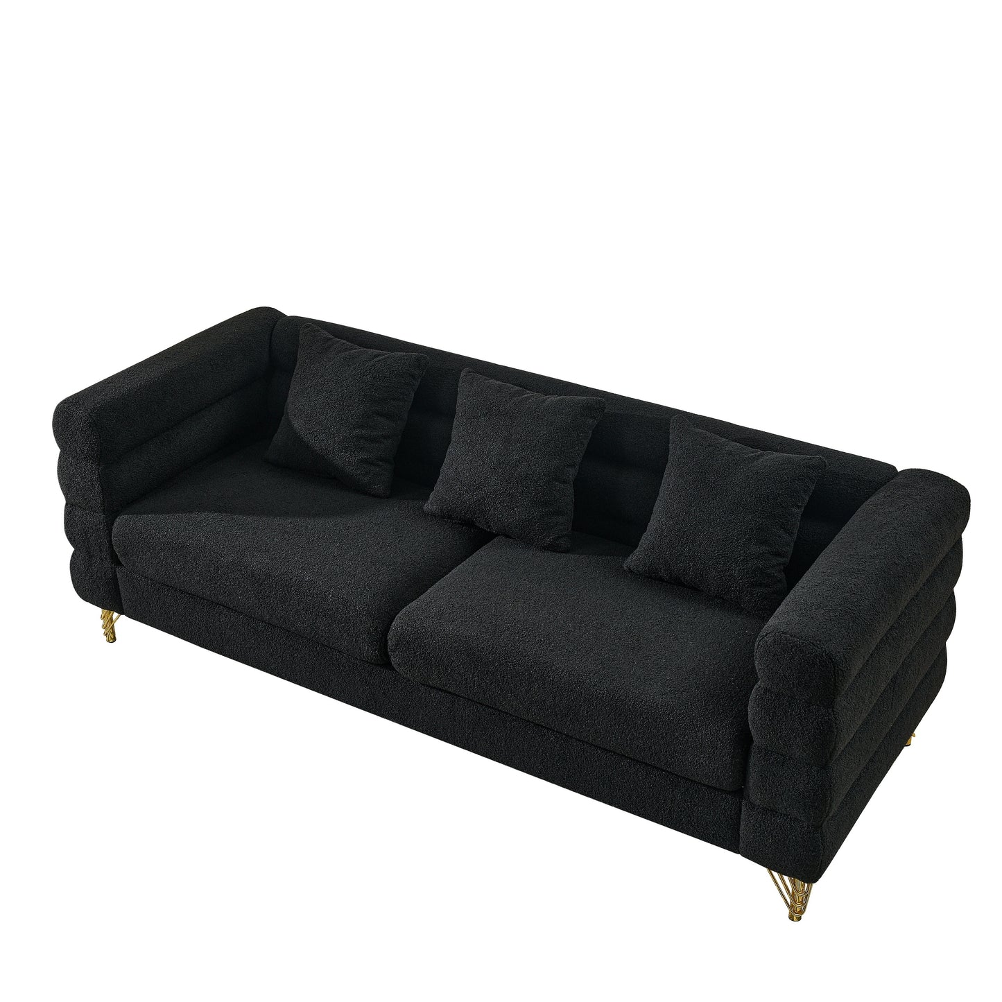 Streamline Modern 81 Inch Oversized 3 Seater Sectional Sofa in Black Teddy Fabric with 3 Lumbar Pillows, Deep Seating Comfort for Living Room Bedroom Office
