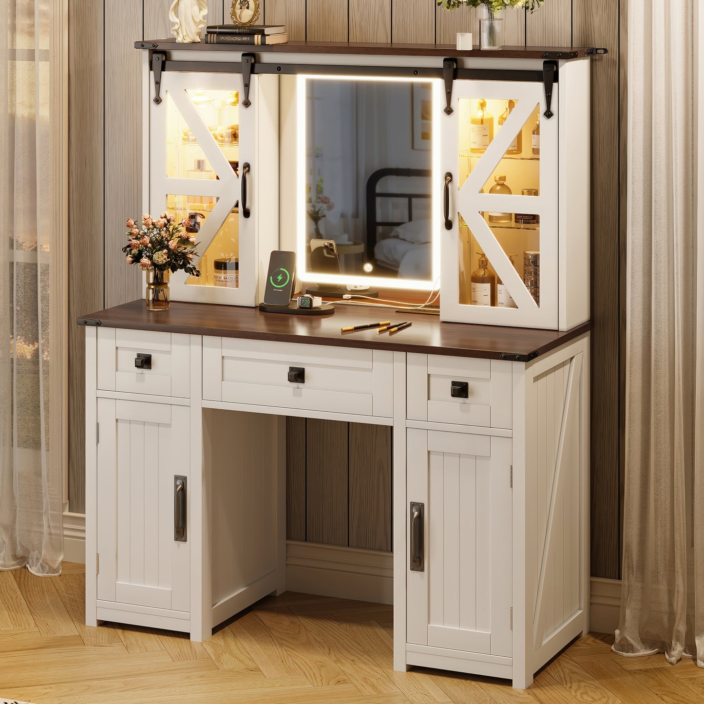 43.3' Farmhouse Makeup Vanity Desk with Lighted Mirror, Vanity Table Set with Charging Station, Dressing Table with Sliding Barn Door Hidden Shelves & 3 Drawers & 4 Cabinets, Beige