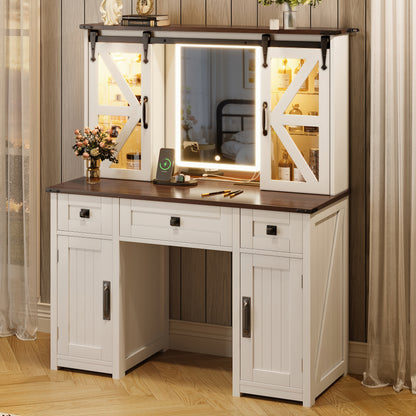 43.3' Farmhouse Makeup Vanity Desk with Lighted Mirror, Vanity Table Set with Charging Station, Dressing Table with Sliding Barn Door Hidden Shelves & 3 Drawers & 4 Cabinets, Beige