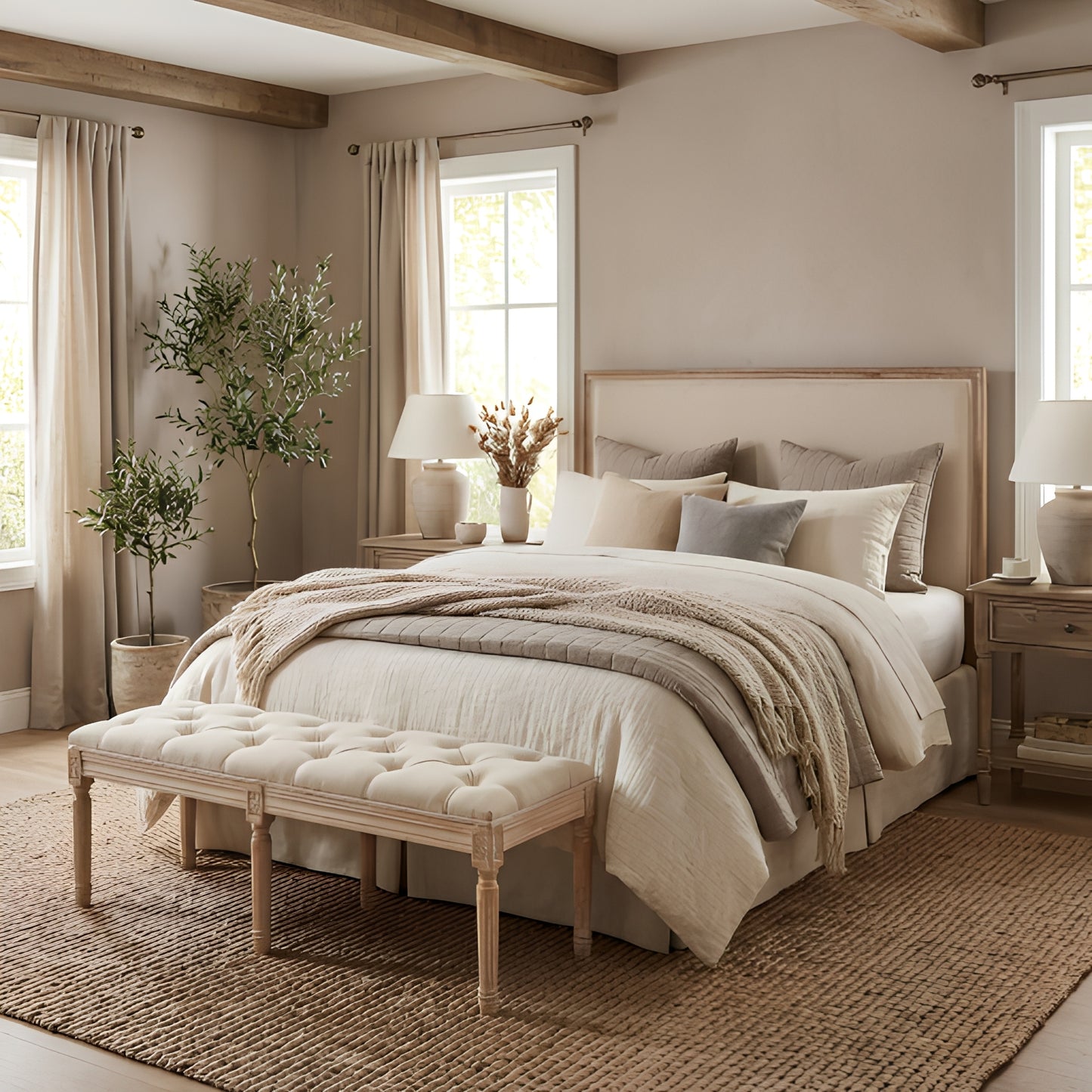 Bedroom Bench, French Vintage Tufted Entryway Bench, 47.2' Carving Upholstered End of Bed Bench with Distressed Wood Legs, Linen Ottoman Seat for Living Room, Foyer, Dining Room