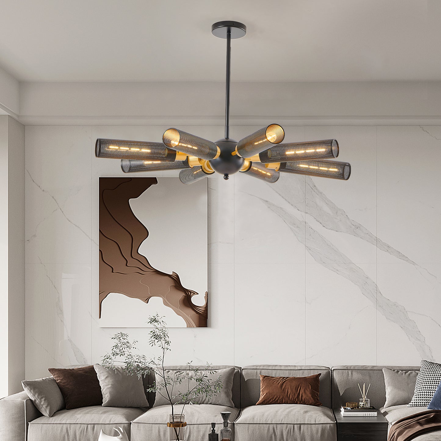 34' Modern Industrial Sputnik Chandelier, 8-Light Black and Gold Metal Pendant Light with Mesh Shades, E26 Base, Adjustable Height for Dining Room, Living Room, or Kitchen Island (Bulb Not Included)