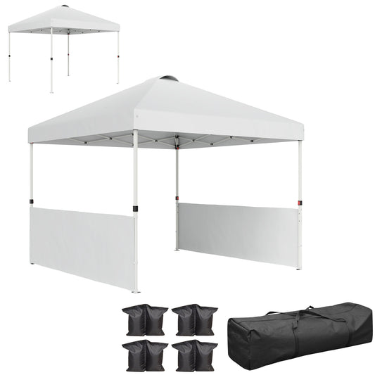 Outsunny 10' x 10' Pop Up Canopy Tent with 2 Half Sidewalls, UV50+ Height Adjustable Instant Sun Shelter with Wheeled Carry Bag, White