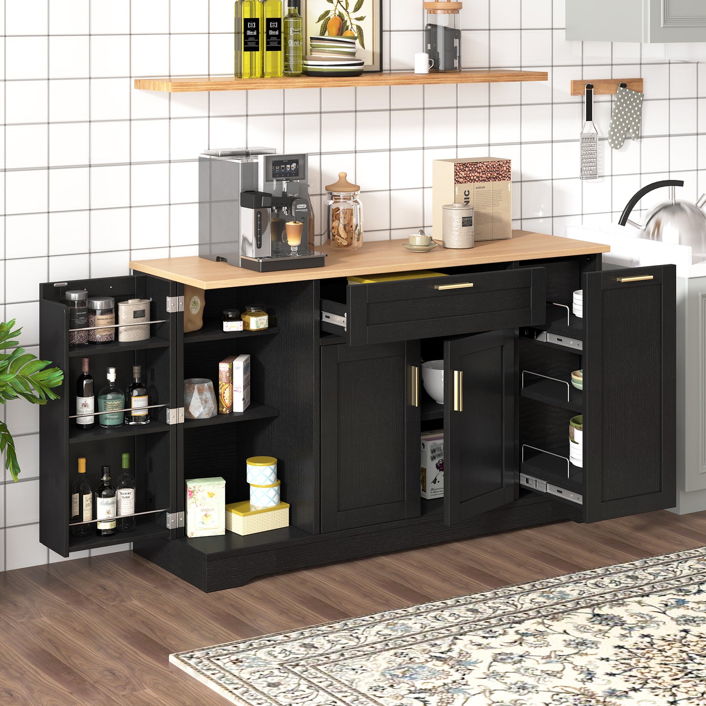 TREXM Multi-Functional Storage Sideboard, Extendable Dining Table, Adjustable Shelves, 3-Tier Pull-Out Rack, Kitchen Island Storage for Kitchen, Dining Room, Living Room (Black)