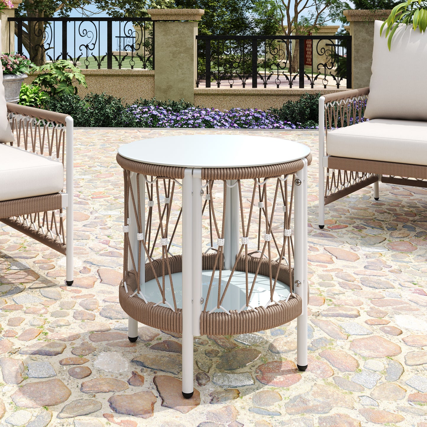 17.32' Bohemian Garden Accent Outdoor Side Table - Handwoven Rope with Powder-Coated Steel Frame, Glass Top, Small Patio End Table for Drinks, Plants